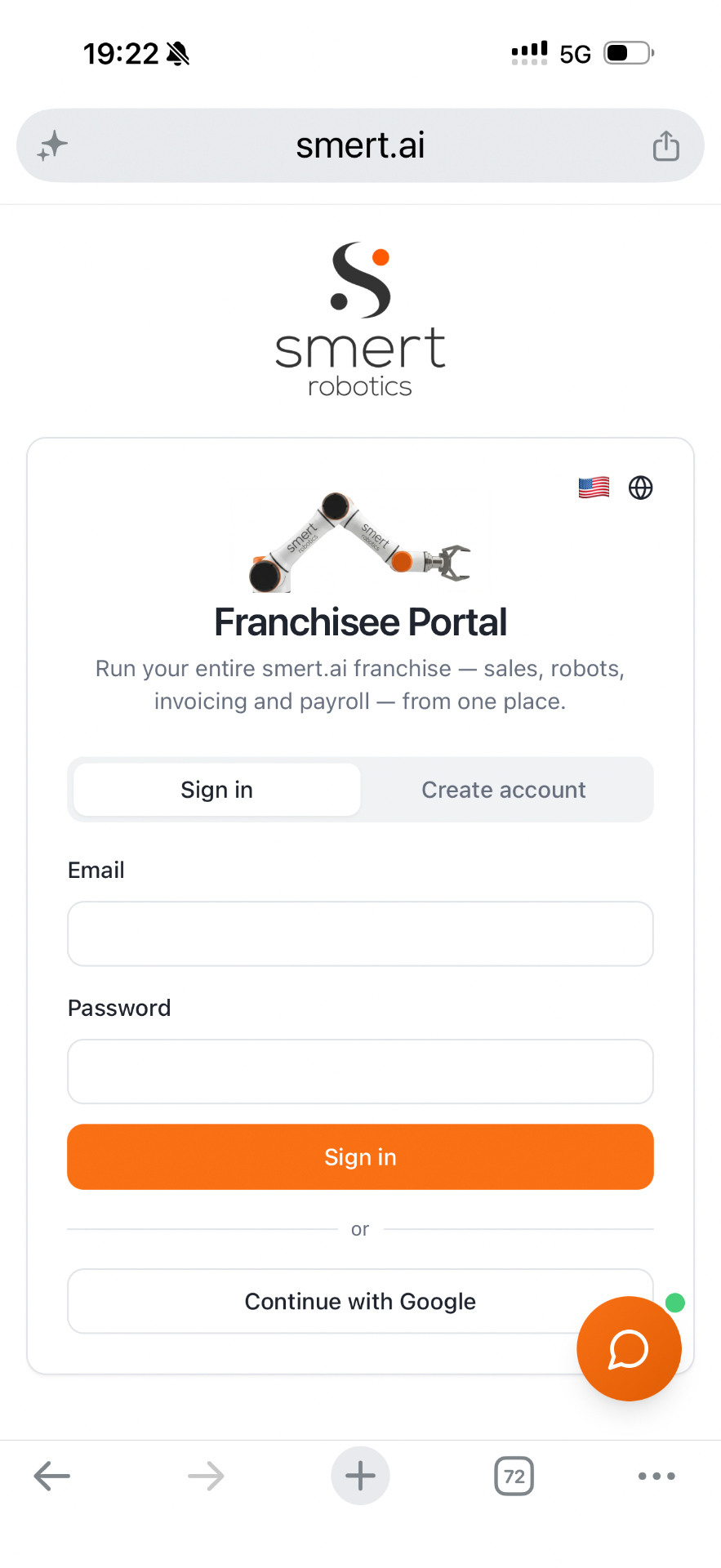 smert.ai portal — franchisee login on mobile