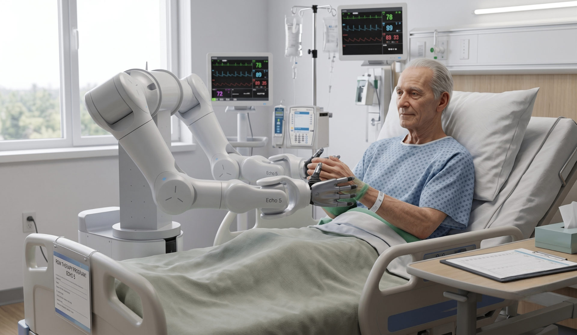 SMERT Cobot guiding a bedridden patient through assisted range-of-motion therapy