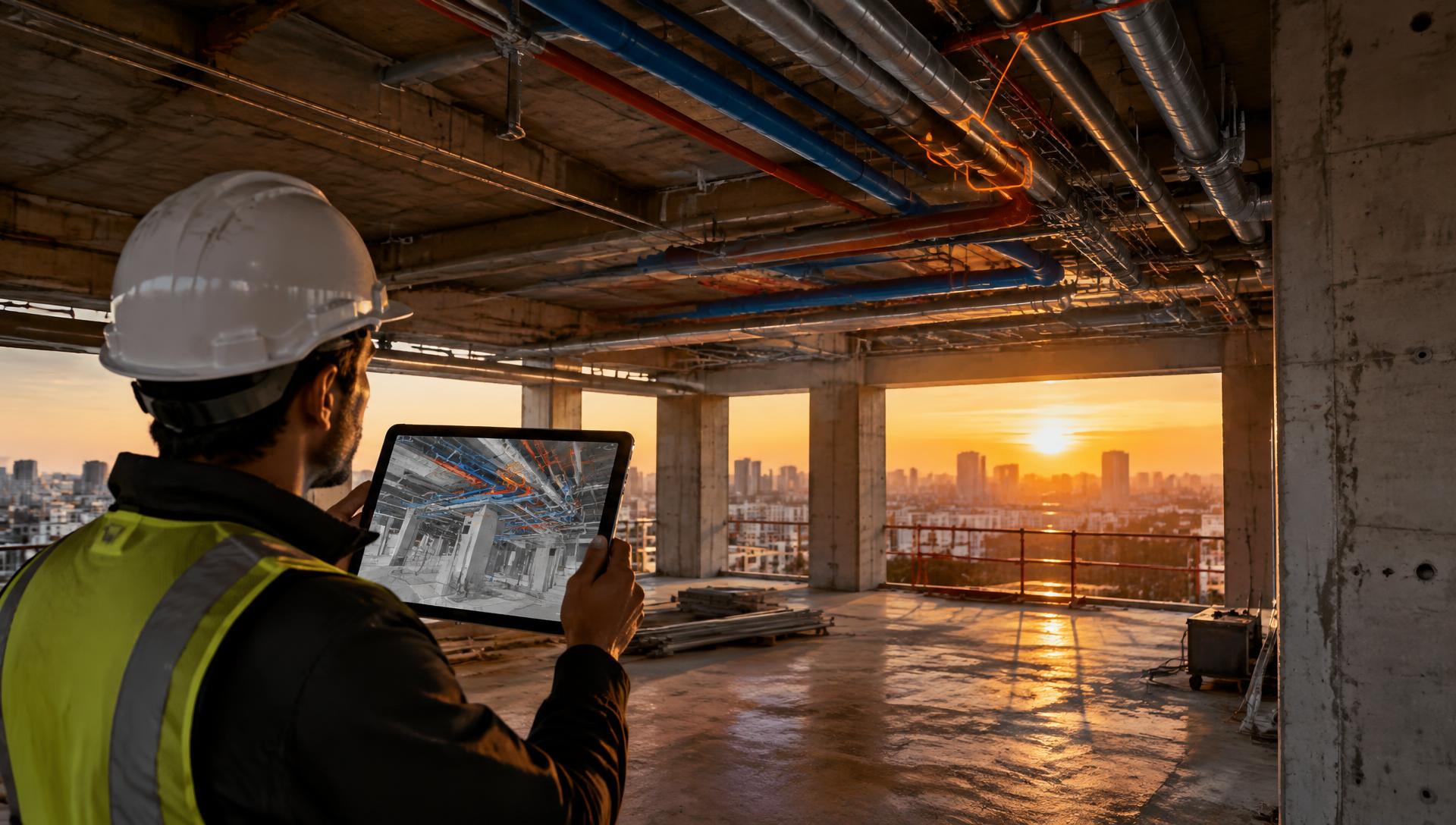 Site engineer comparing the building model with the real site on a tablet