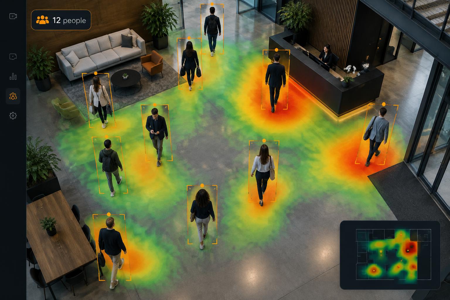 Office lobby camera view with AI overlay counting people and showing a crowd-density heatmap