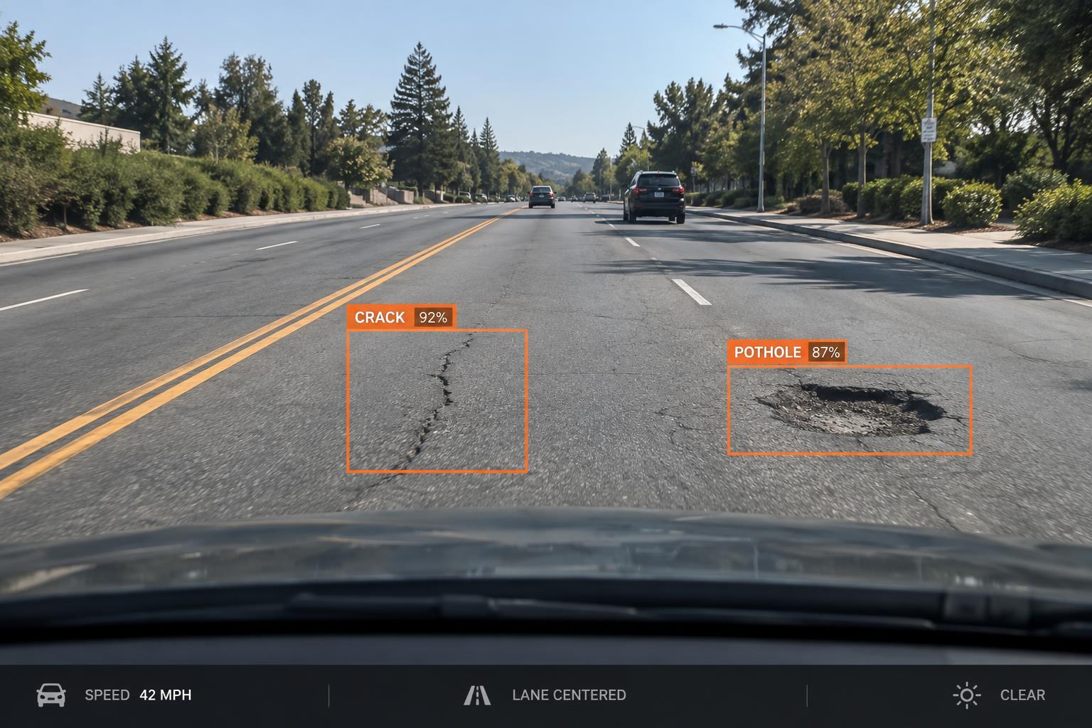 Road surface with AI overlay marking a crack and a pothole