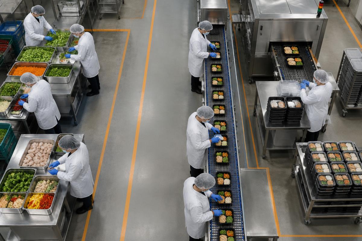 Food factory line with hygiene zones monitored by AI