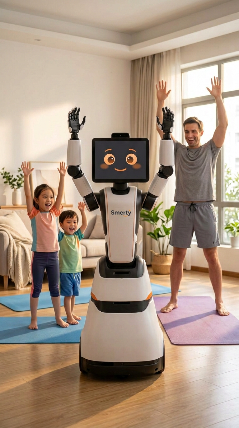Concept: Smerty at 06:00, Morning stretches with Dad and the kids