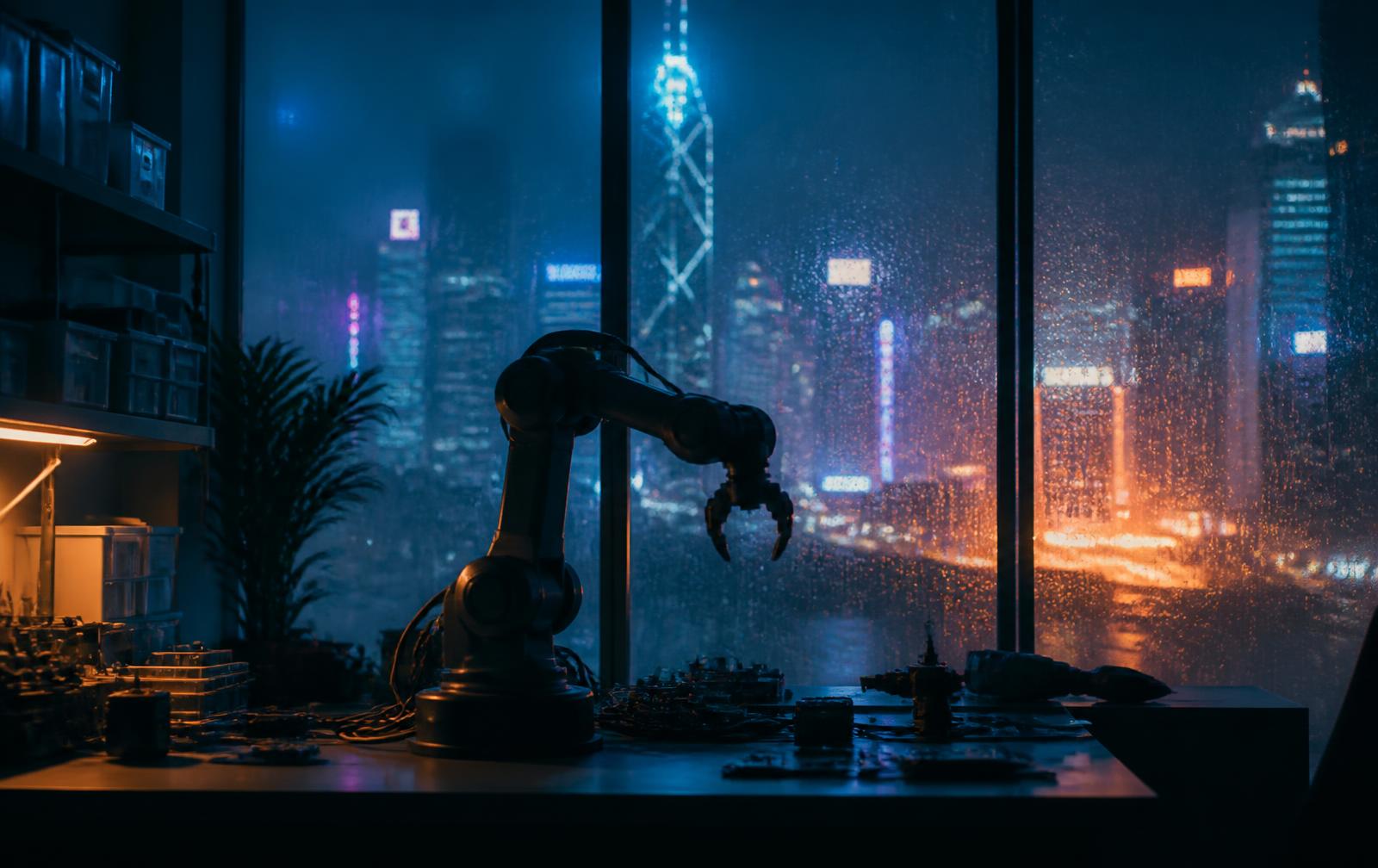 The SMERT lab at night β open 24 hours with Hong Kong skyline view