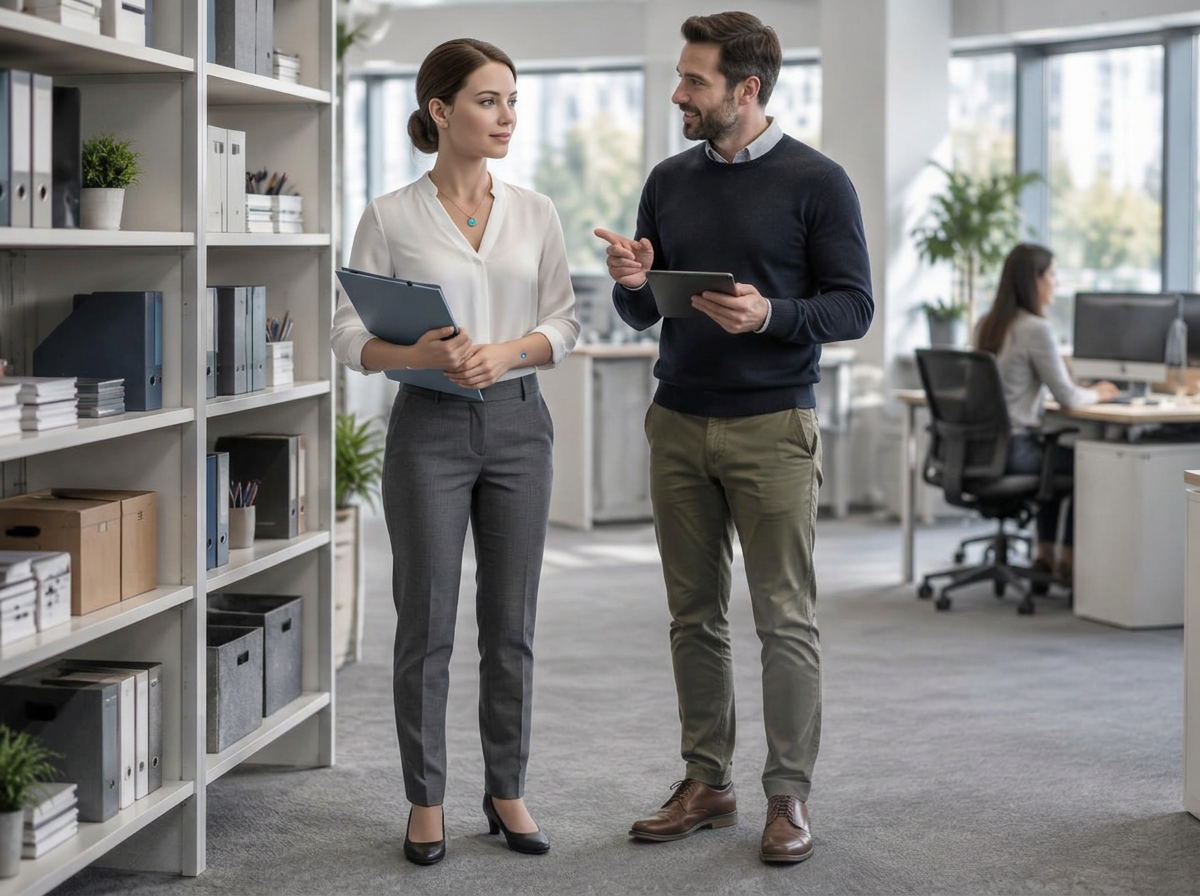 AI-generated illustration of a human-skinned android and office manager reviewing a supply-sorting task