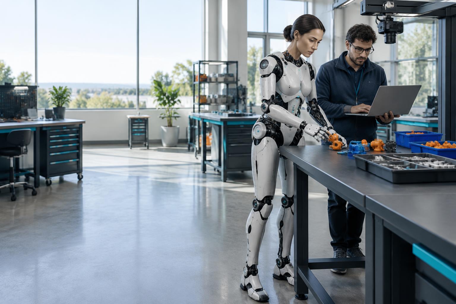 Concept illustration of a humanoid and engineer developing a component-handling task