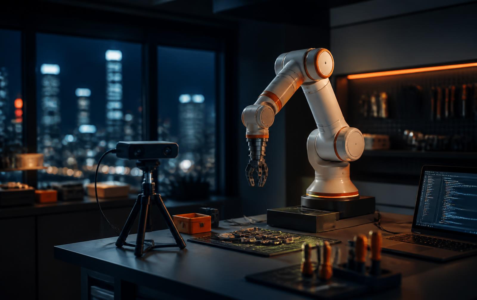 SMERT Academy robotics lab in Tsim Sha Tsui, Hong Kong, with Huayan E15 Pro cobot, NVIDIA Jetson edge PC and RealSense depth camera on a bench