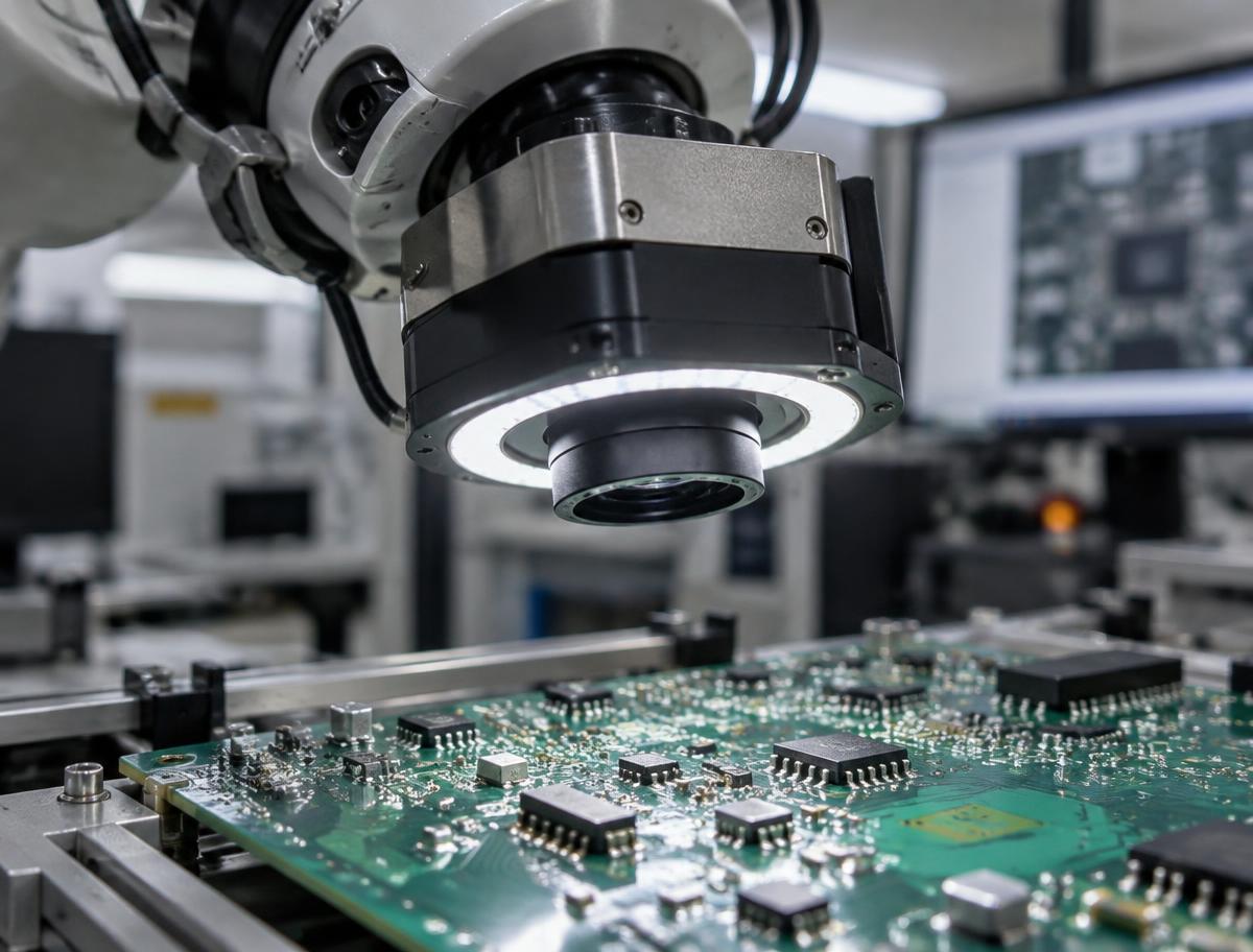 Once the arm has settled, a camera checks for visible faults: solder bridges, missing, tilted or reversed parts, cold joints, burn marks.