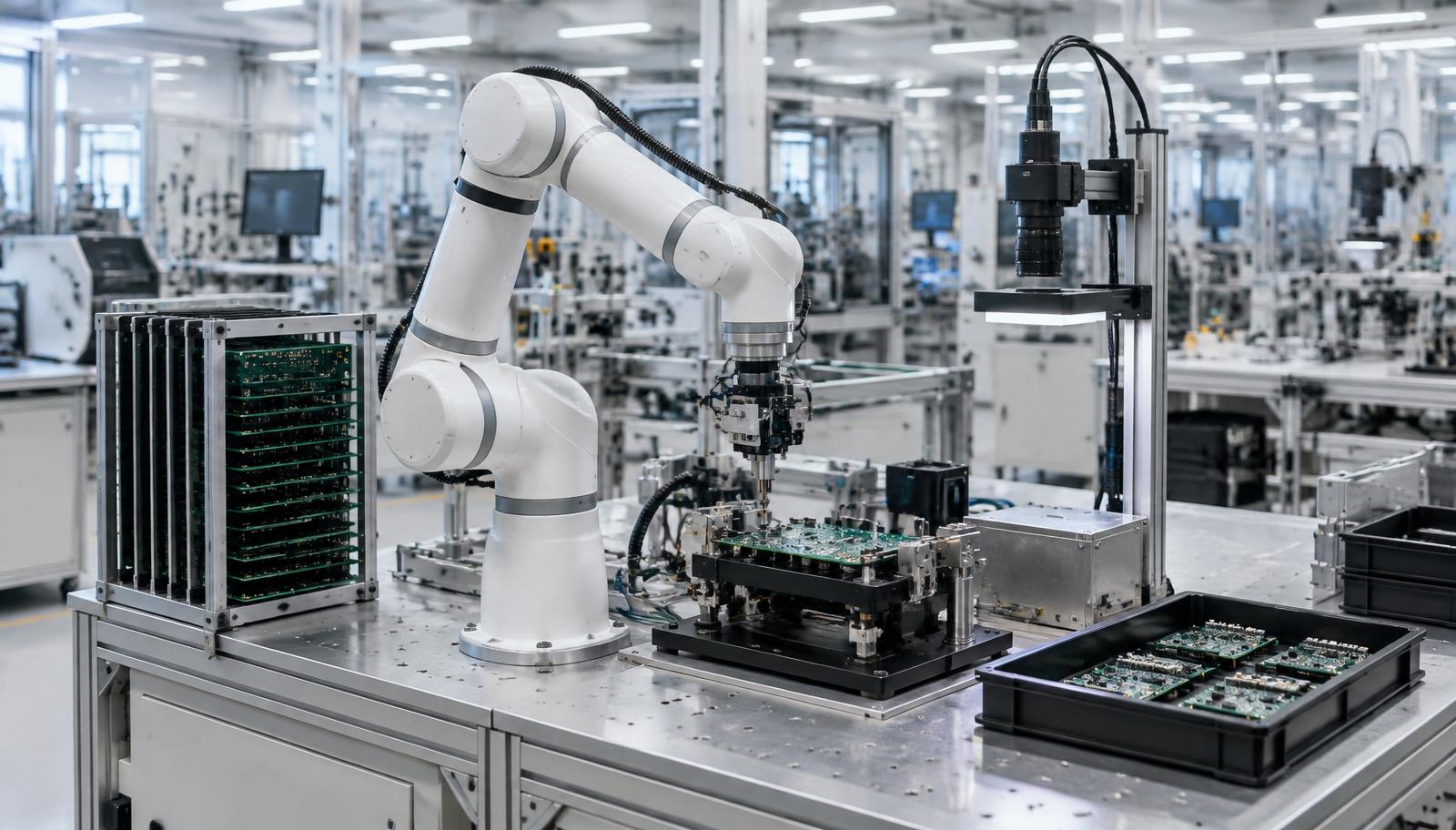 Complete Cobot PCB test cell with board rack, fixture, camera station and trays