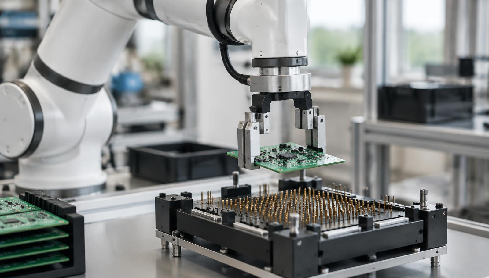 Cobot gripper placing a circuit board onto a bed-of-nails test fixture