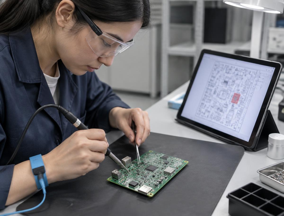 Technician repairing a board guided by the highlighted fault location