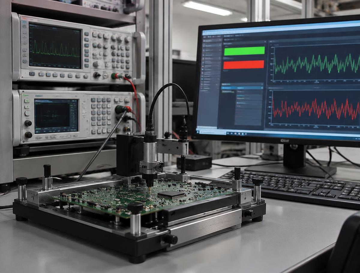 A connected tester, run by a computer, checks power-on, voltages and currents, boundary-scan and firmware.