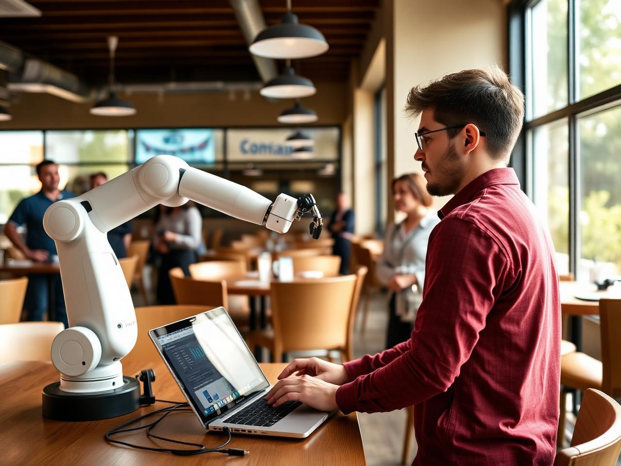 Resident commissioning a cobot at a live customer site with a laptop connected to the controller