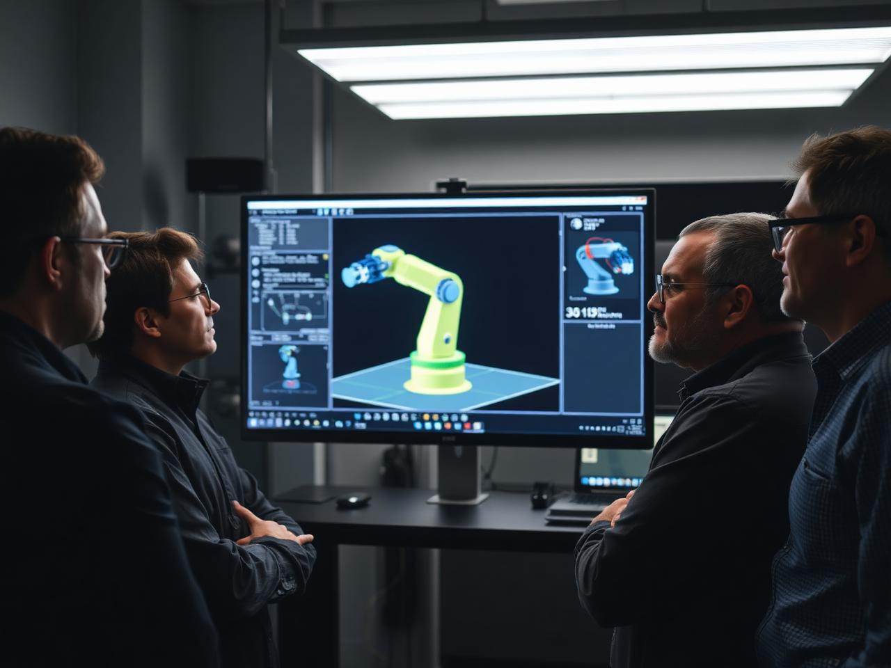 Residents and SMERT engineers reviewing a 3D digital twin of a cobot cell on a large lab monitor