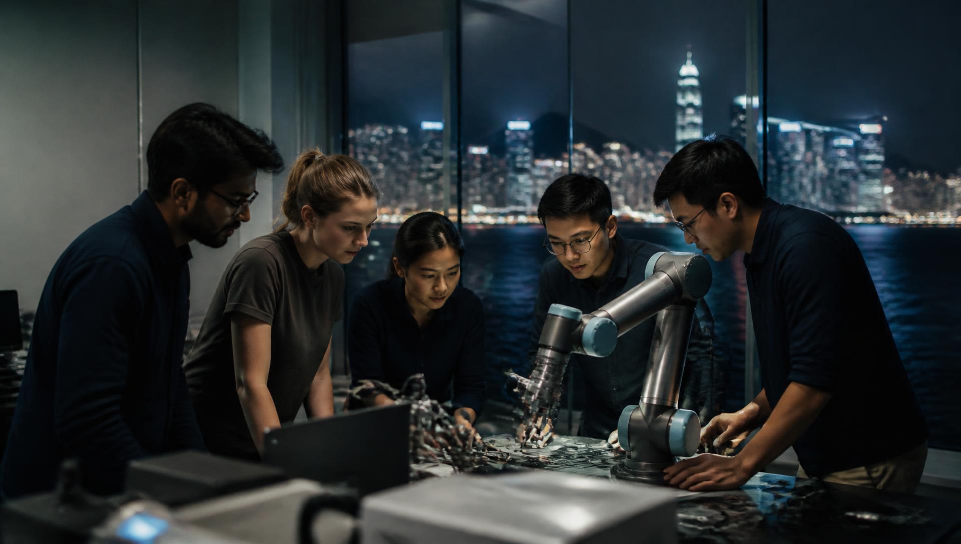 International residents building a cobot cell with SMERT engineers in the Tsim Sha Tsui lab, Hong Kong skyline behind them