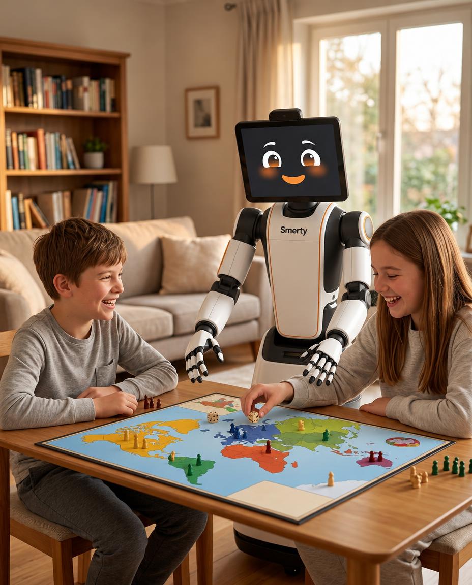 Two children playing a world-map strategy board game with Smerty at the table