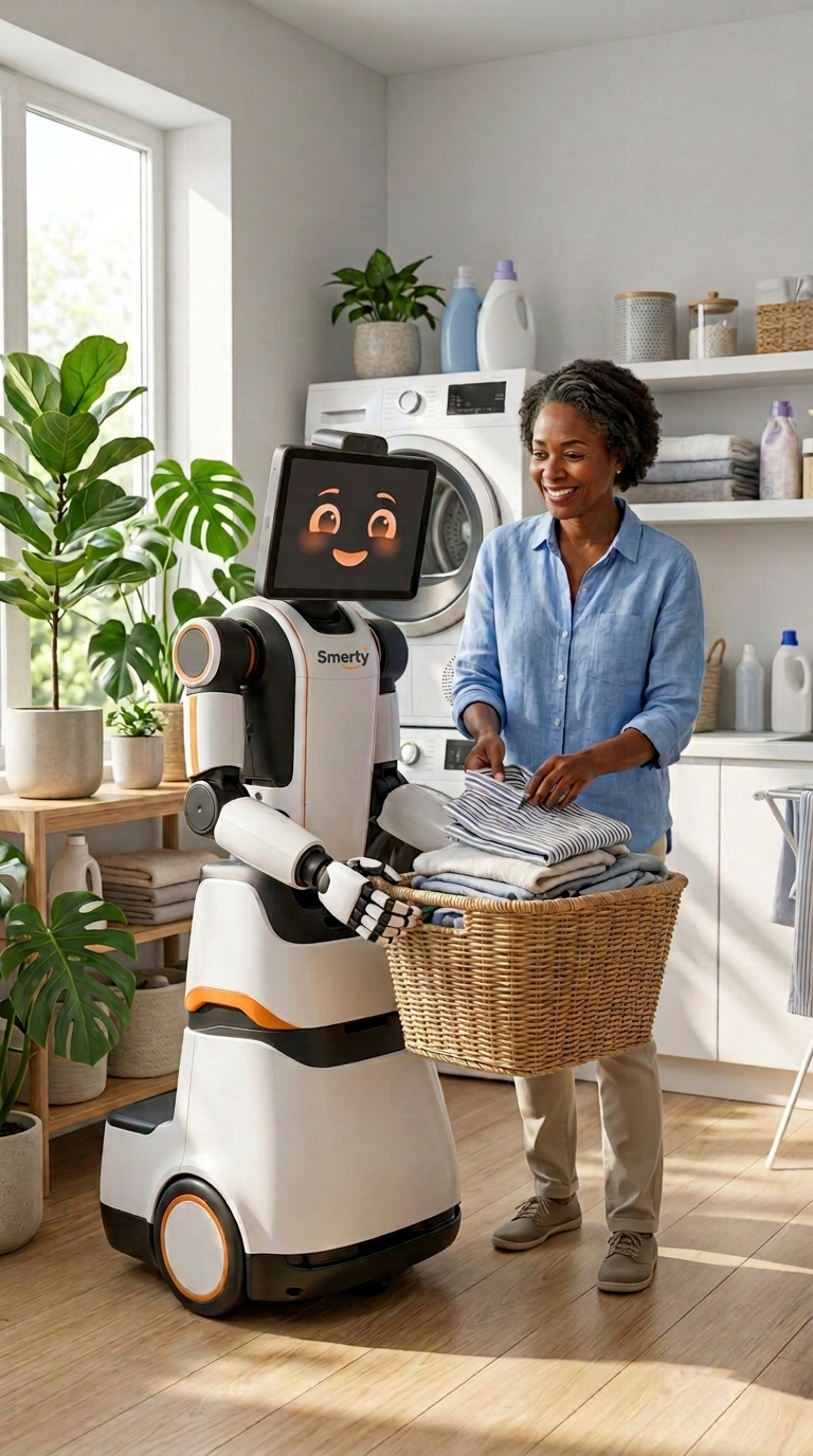 Smerty carrying a laundry basket for a woman at home