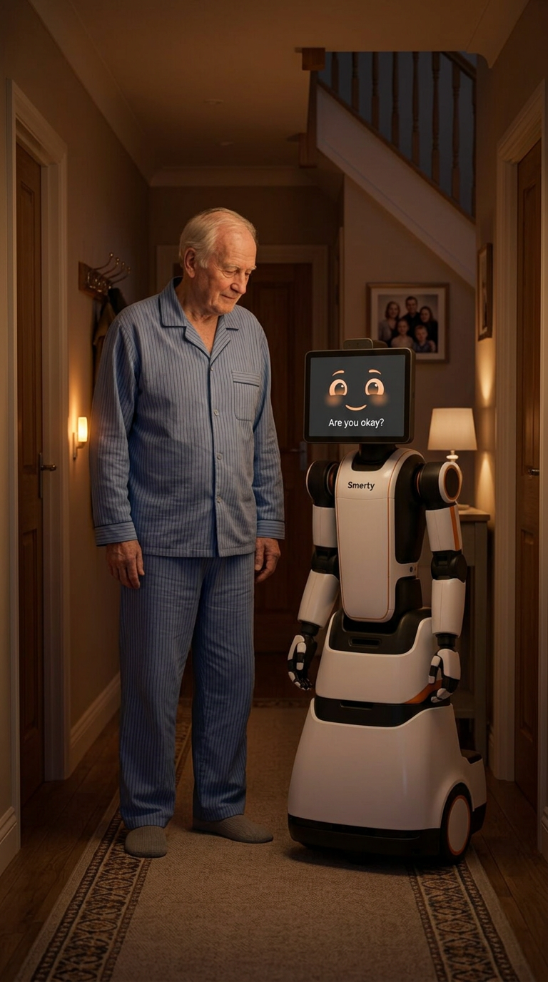 Smerty checking on an elderly man in the hallway at night