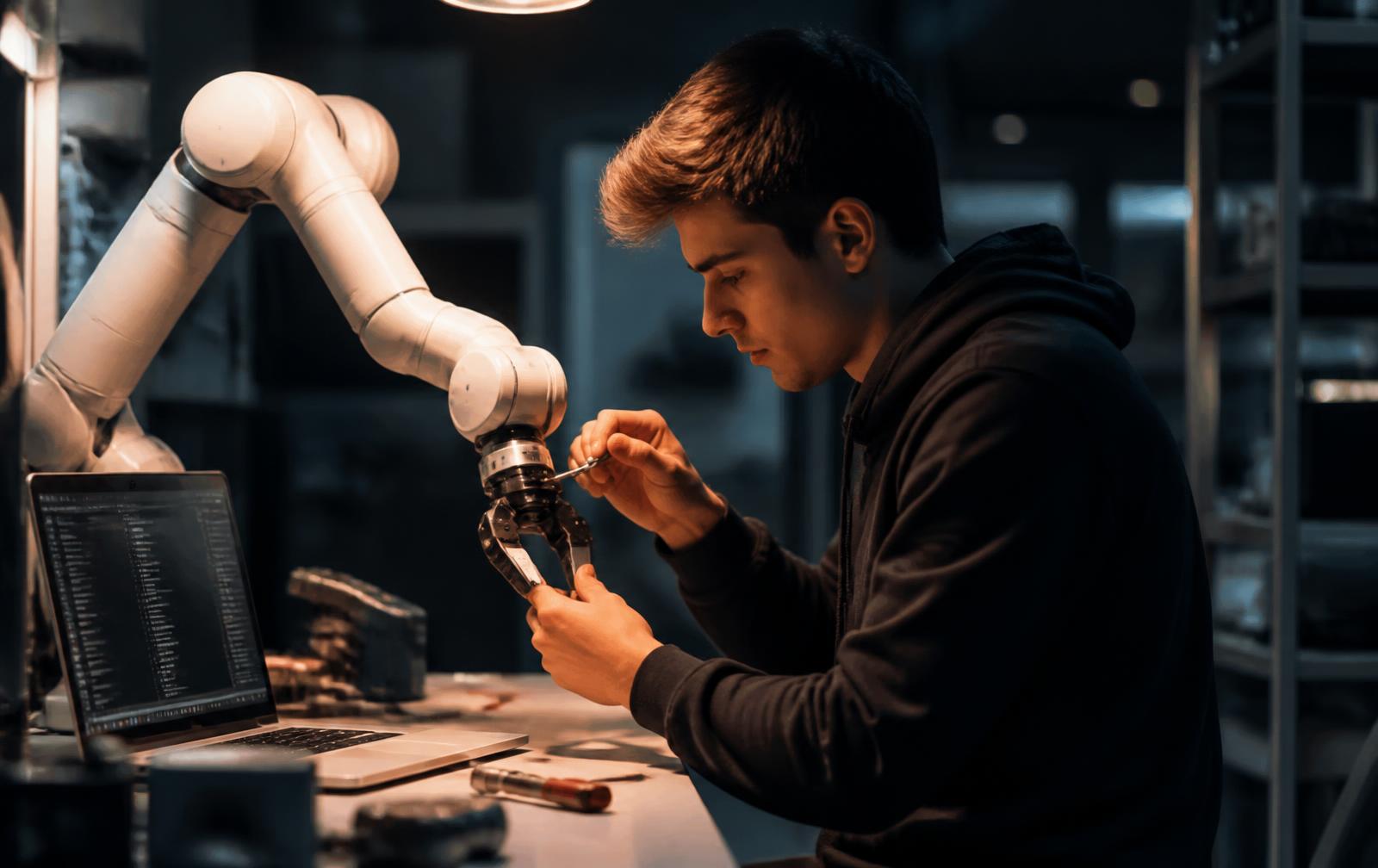 Student calibrating a robotic gripper on a collaborative arm at the SMERT lab