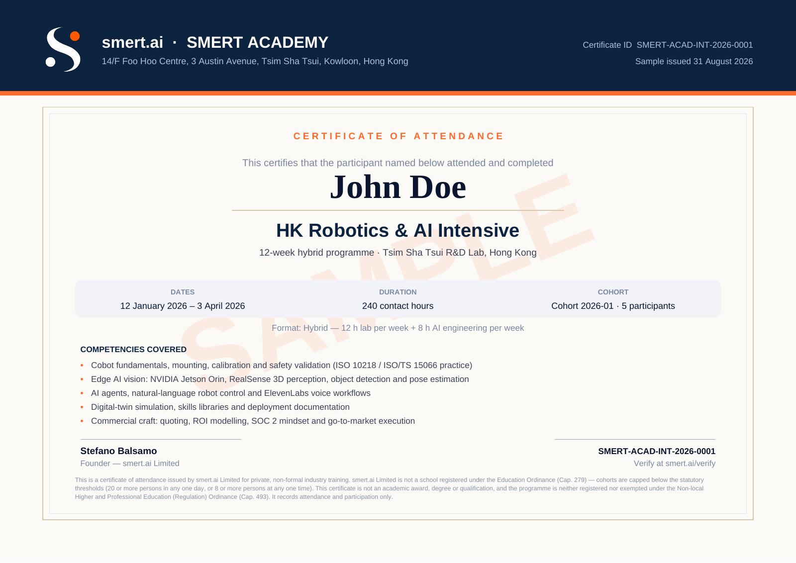 Sample SMERT Academy certificate of attendance for the HK Robotics & AI Intensive, issued to a placeholder participant name